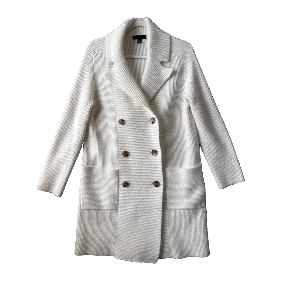 Ann Taylor Cream Double Breasted Rib Knit Coatigan Duster Jacket M Quiet Luxury